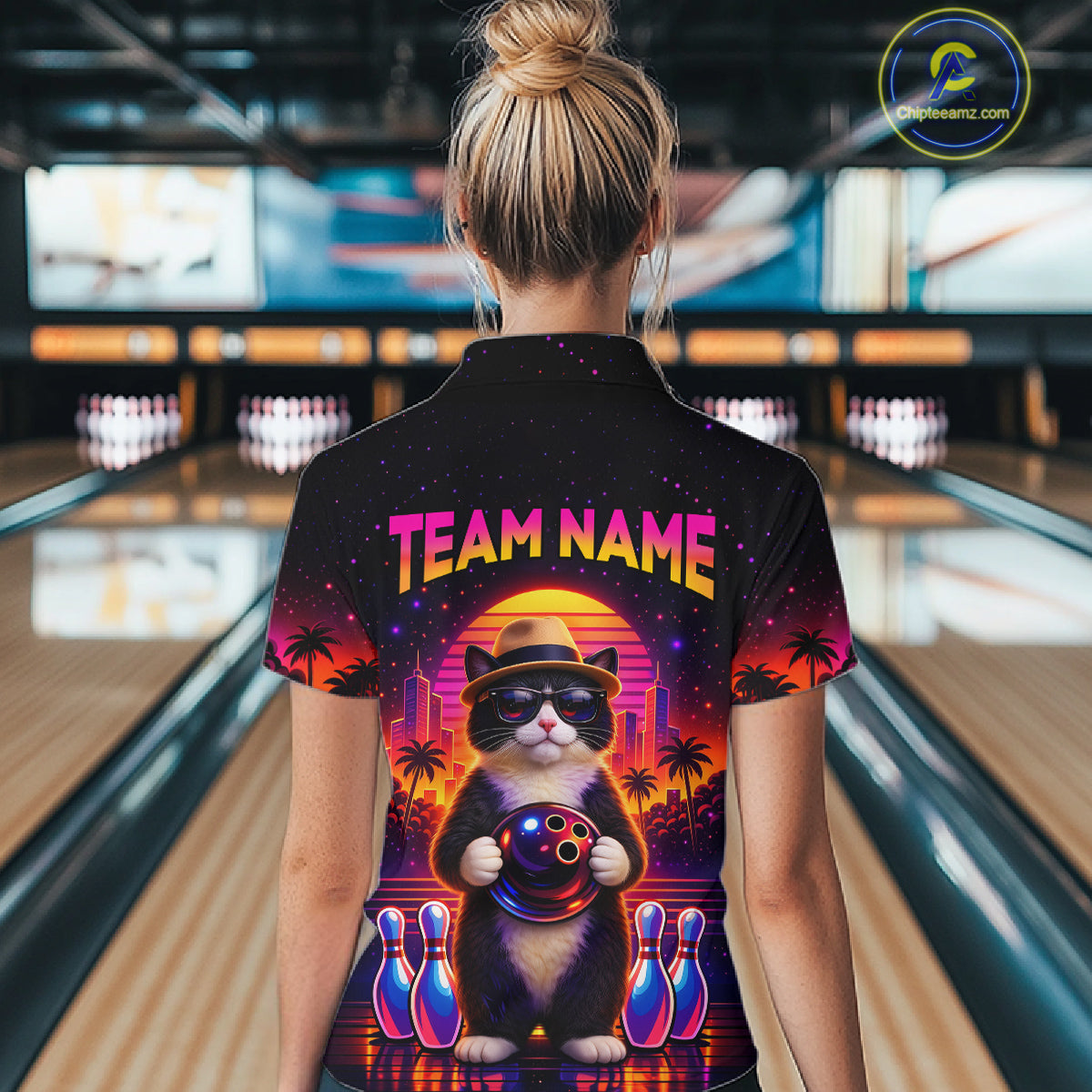 Custom Funny Neon Cat Bowling Jersey for Women Bowling Tournament Polo & 1/4 Zip Bowling Team Shirts HNT210