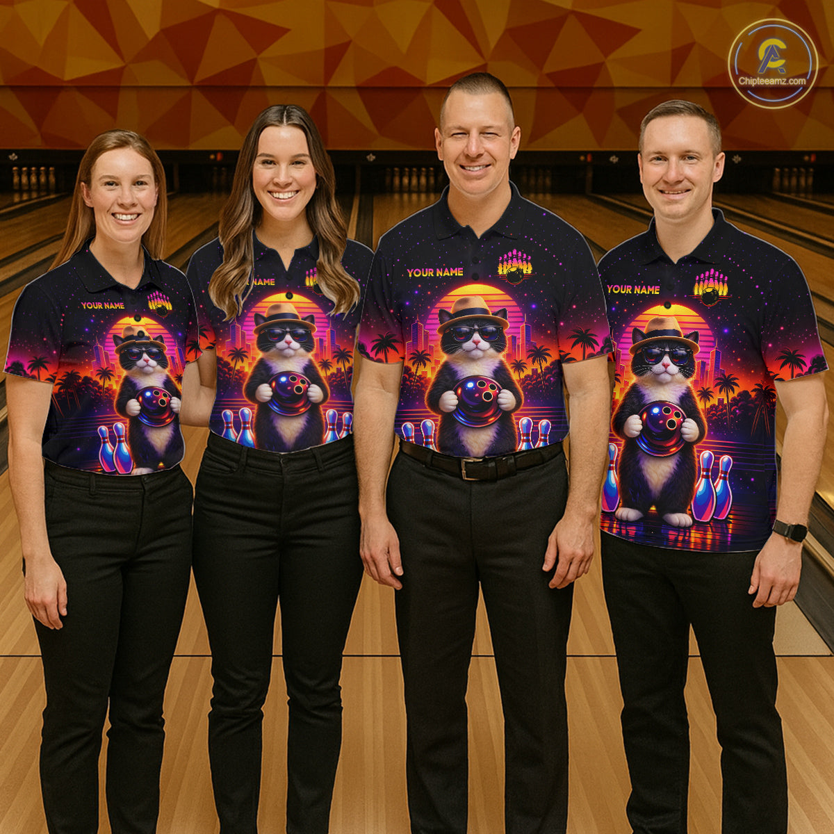 Custom Funny Neon Cat Bowling Jersey for Men Bowling Tournament Polo & 1/4 Zip Bowling Team Shirts HNT210