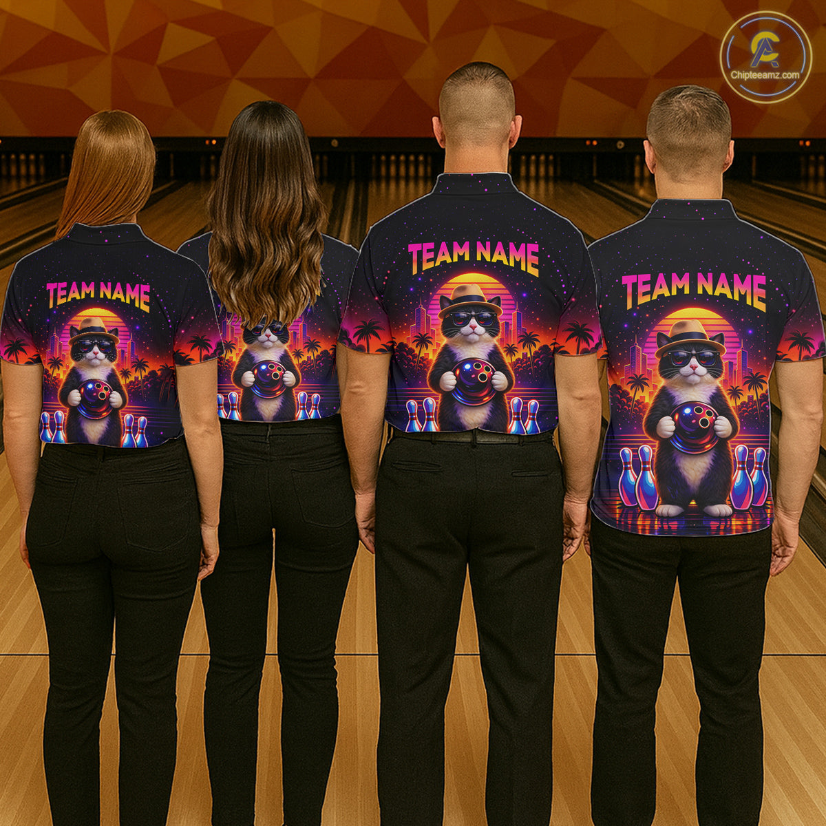 Custom Funny Neon Cat Bowling Jersey for Men Bowling Tournament Polo & 1/4 Zip Bowling Team Shirts HNT210