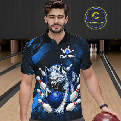 Wolf Bowling Shirts for Men Custom Blue Wolf Bowling Team Jersey Bowling League HNT284