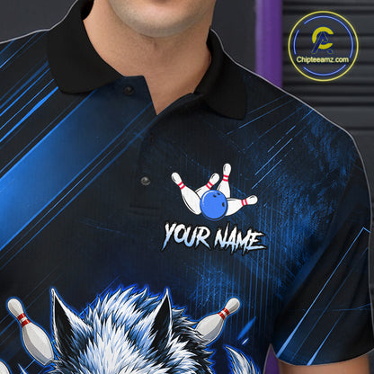 Wolf Bowling Shirts for Men Custom Blue Wolf Bowling Team Jersey Bowling League HNT284