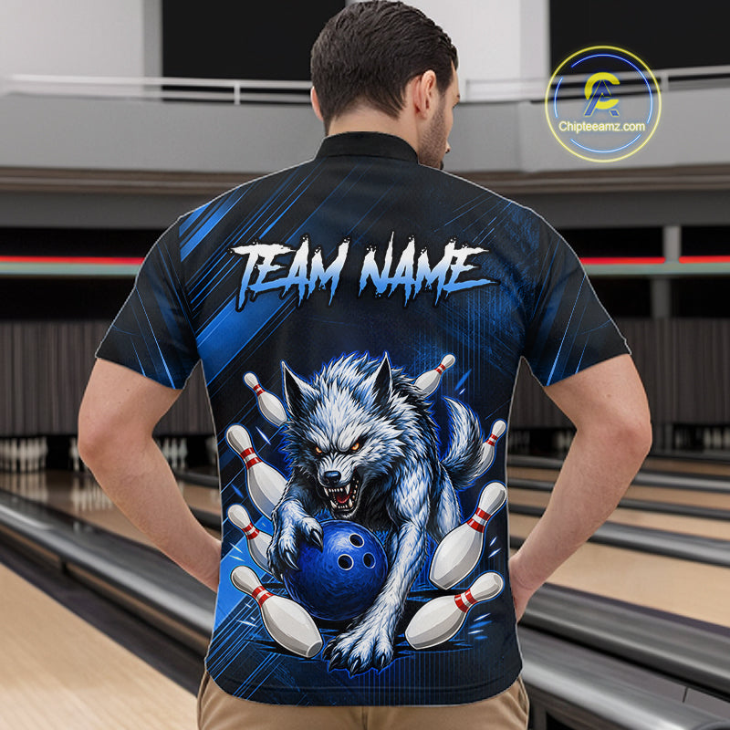 Wolf Bowling Shirts for Men Custom Blue Wolf Bowling Team Jersey Bowling League HNT284