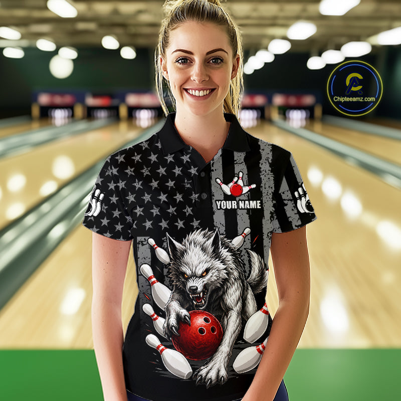US Flag Wolf Bowling Shirts for Women Custom Wolf Bowling Team Jersey Bowling League HNT285