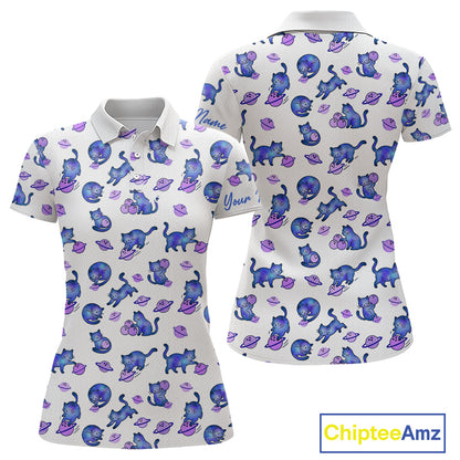White polo shirt with blue cat pattern on a white background, featuring the brand 'Chiptee Amz'.