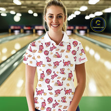 Load image into Gallery viewer, Woman wearing a cat bowling patterned shirt in a bowling alley