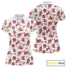 Load image into Gallery viewer, Women polo shirt with red cat pattern and 'Chiptee Amz' branding.