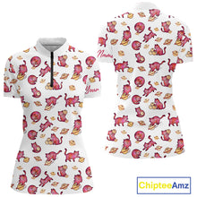 Load image into Gallery viewer, Women quarter zip shirt with red cat and bowling pattern, featuring 'Chiptee Amz' branding.