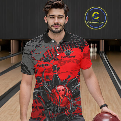 Man wearing a red and black bowling-themed shirt in a bowling alley.