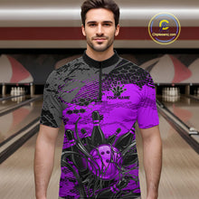 Load image into Gallery viewer, Man wearing a purple and black bowling shirt with a design on a bowling alley background