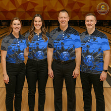 Load image into Gallery viewer, Four people wearing matching blue and black patterned shirts standing on a bowling alley.