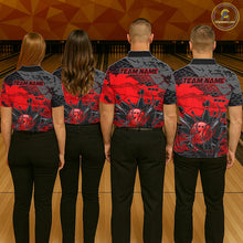 Load image into Gallery viewer, Four people wearing bowling shirts with a red and black design on a bowling alley.
