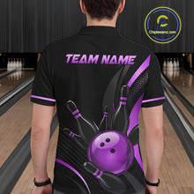 Load image into Gallery viewer, Person wearing a black bowling shirt with purple graphics and text in a bowling alley.