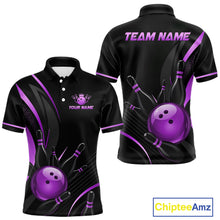 Load image into Gallery viewer, Black and purple bowling-themed polo shirt with customizable text on a white background