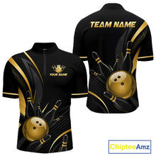 Load image into Gallery viewer, Black and gold bowling jersey with customizable text on a white background