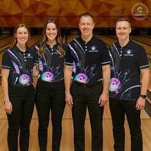 Load image into Gallery viewer, Four people wearing matching bowling shirts on a bowling alley.