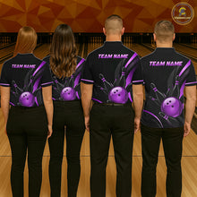 Load image into Gallery viewer, Four people wearing black bowling shirts with a purple bowling ball design on a bowling alley.