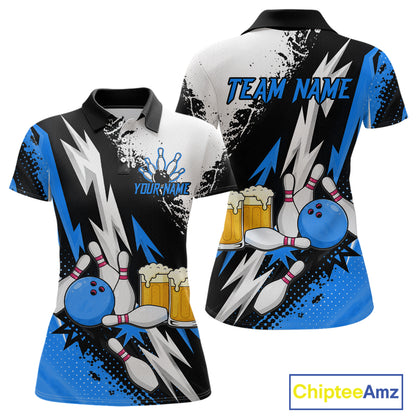 Custom Blue Beer Bowling Jersey for Women Bowling Team Shirts Bowling League Polo & 1/4 Zip HNT505