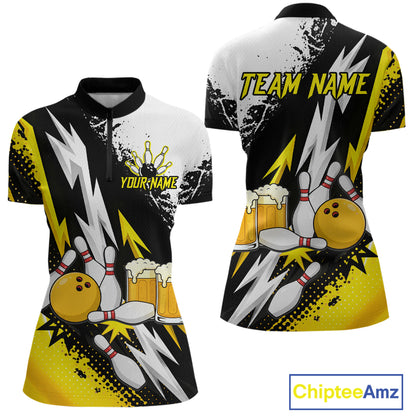 Custom Yellow Beer Bowling Jersey for Women Bowling Team Shirts Bowling League Polo & 1/4 Zip HNT505