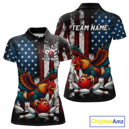 Custom Rooster US Flag Bowling Jersey for Women Bowling Team Shirts Bowling Polo & 1/4 Zip HNT259