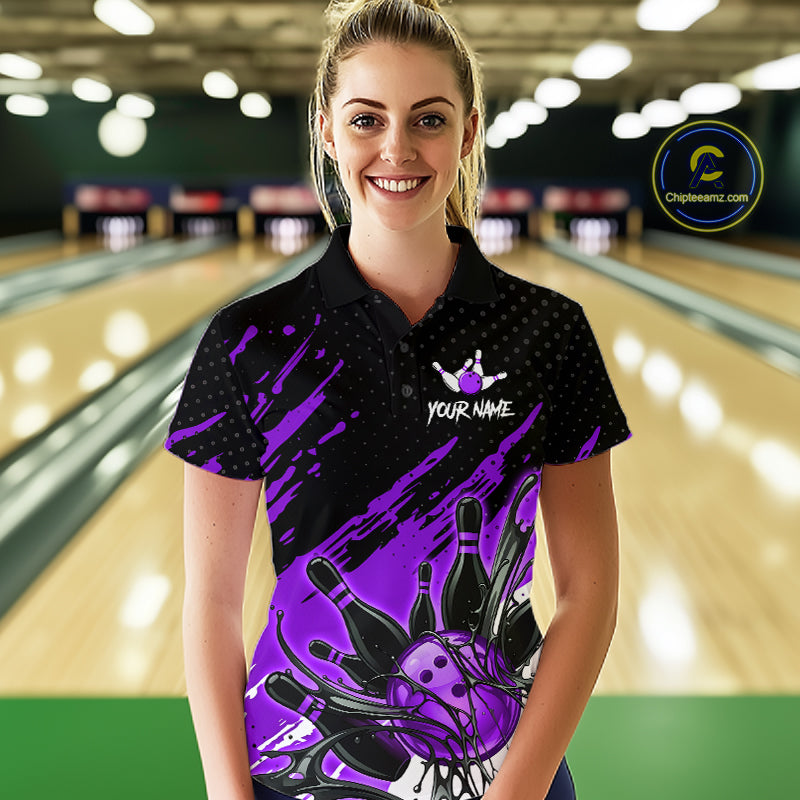 Custom Purple Bowling Jerseys For Women, Personalized Bowling Team Shirts Bowling Pin And Ball HNT283