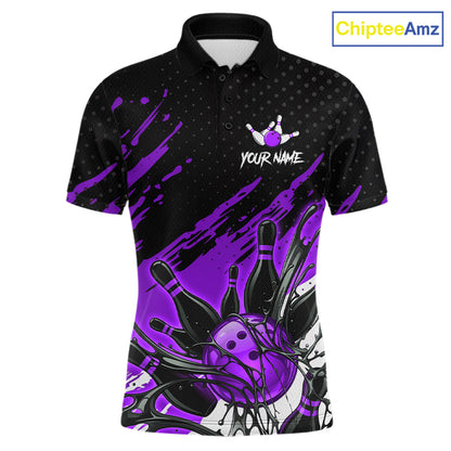 Custom Purple Bowling Jerseys For Men, Personalized Bowling Team Shirts Bowling Pin And Ball HNT283