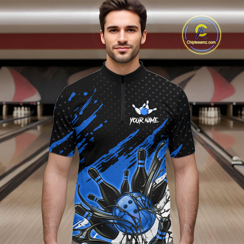 Custom Blue Bowling Jerseys For Men, Personalized Bowling Team Shirts Bowling Pin And Ball HNT283