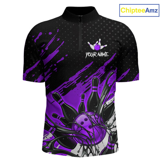 Custom Purple Bowling Jerseys For Men, Personalized Bowling Team Shirts Bowling Pin And Ball HNT283