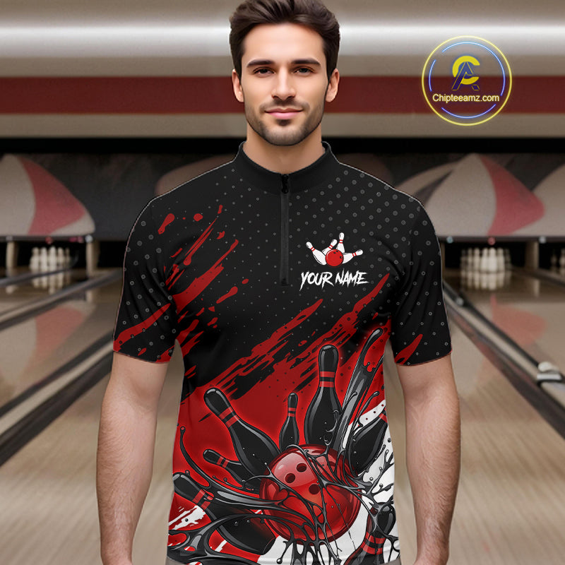 Custom Red Bowling Jerseys For Men, Personalized Bowling Team Shirts Bowling Pin And Ball HNT283