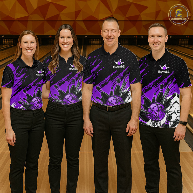Custom Purple Bowling Jerseys For Men, Personalized Bowling Team Shirts Bowling Pin And Ball HNT283