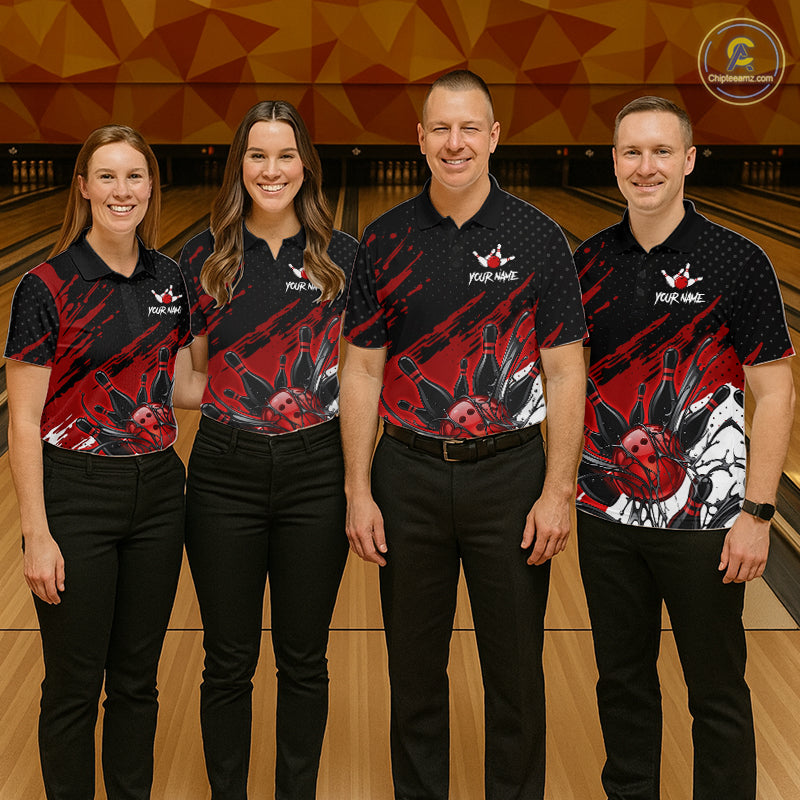 Custom Red Bowling Jerseys For Women, Personalized Bowling Team Shirts Bowling Pin And Ball HNT283