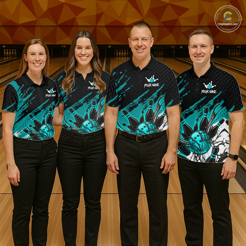 Custom Turquoise Bowling Jerseys For Men, Personalized Bowling Team Shirts Bowling Pin And Ball HNT283