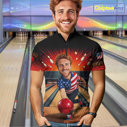 Custom Photo Funny American Flag Bowling Jersey for Men Bowling Team Shirts Polo & 1/4 Zip HNT342