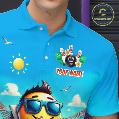 Men polo shirt with a colorful design featuring a bowling ball, smiling face with sunglasses, and sun.