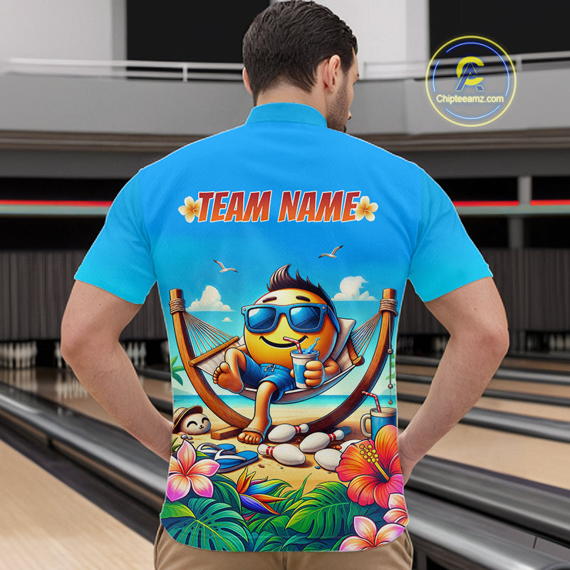 Man wearing summer quarter zip shirt with a colorful design on the back, featuring a character with sunglasses and a drink, set against a bowling alley background.