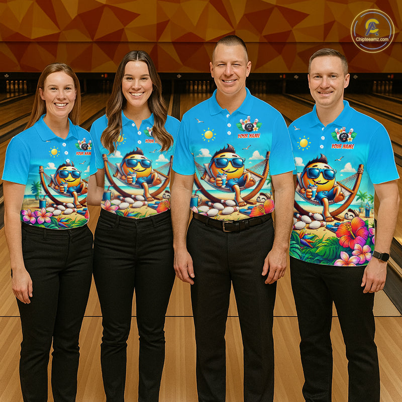 Four people wearing matching summer shirts with a colorful design in a bowling alley.