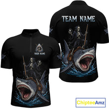 Load image into Gallery viewer, Black polo shirt with skeleton and shark design on a white background
