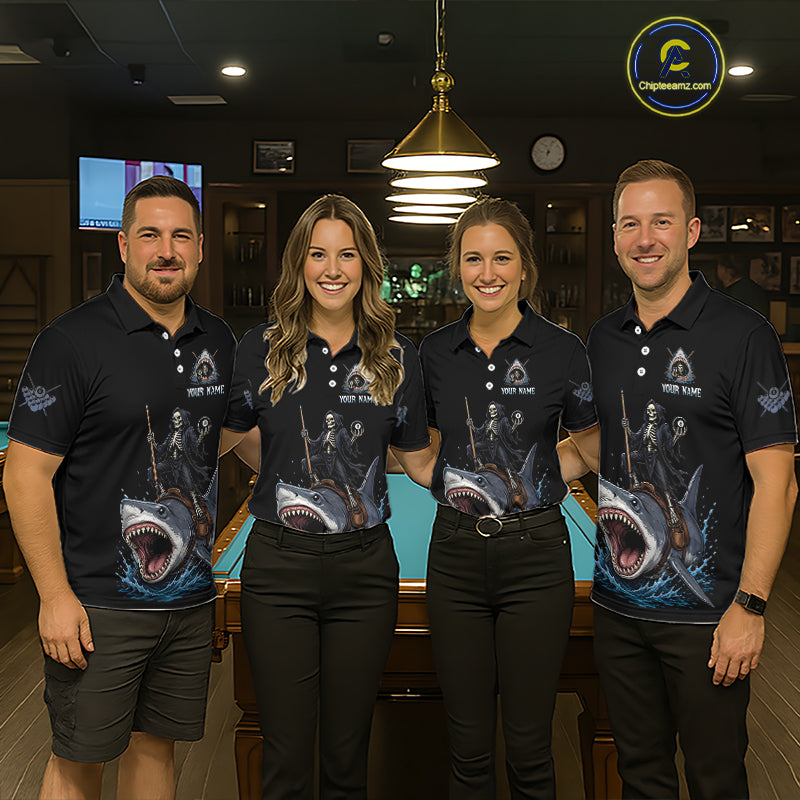 Four people wearing matching polo shirts with a shark design in a bar setting.