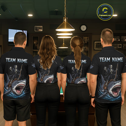 Four people wearing matching shirts with a shark design and 'Team Name' text in a casual setting.