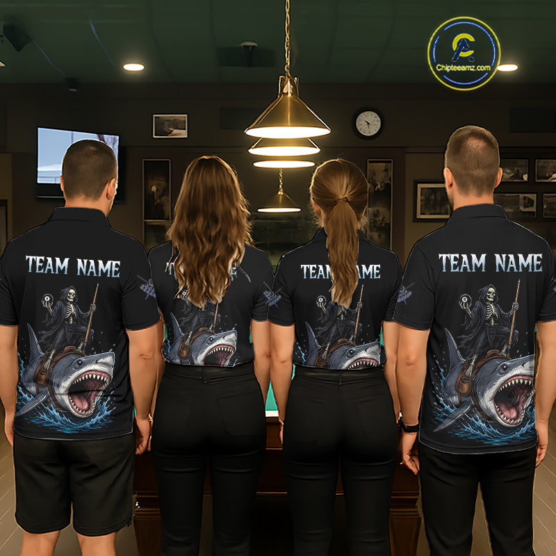 Four people wearing matching shirts with a shark design and 'Team Name' text in a casual setting.