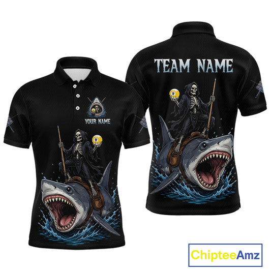 Black polo shirt with skeleton and shark design on a white background, featuring 'Chiptee Amz' branding.