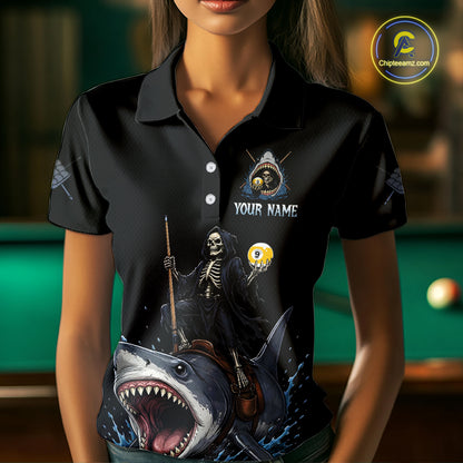 Black polo shirt with a skeleton and shark design, featuring 'Your Name' text, against a blurred pool table background.
