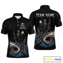 Load image into Gallery viewer, Black polo shirt with skeleton and shark design on a white background, featuring 'Chiptee Amz' branding.