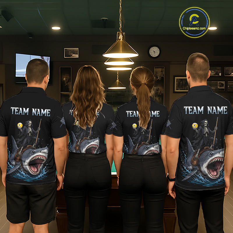 Four people wearing matching black shirts with team names and graphics in a room.