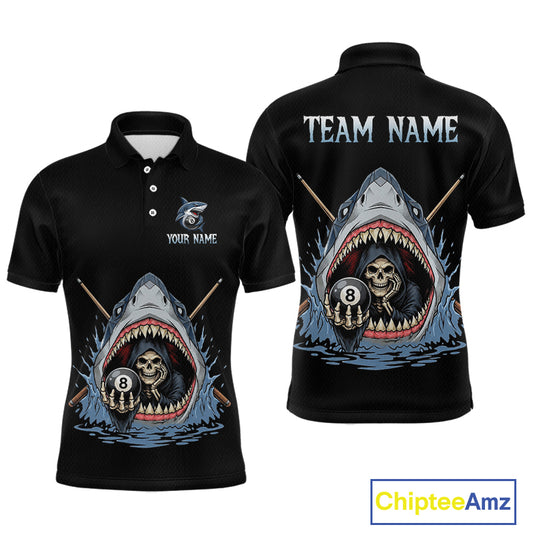 Black polo shirt with shark and skull design on front and back, customizable text, Chiptee Amz brand visible.