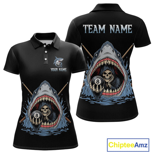 Black polo shirt with shark and skeleton design on front and back, featuring 'Chiptee Amz' branding.