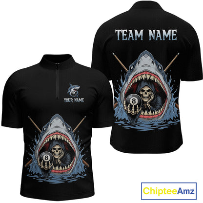 Black polo shirt with shark and skeleton design on front and back, customizable text.