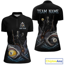 Load image into Gallery viewer, Black polo shirt with skeleton design and pool ball elements on a shark, customizable text on front and back.