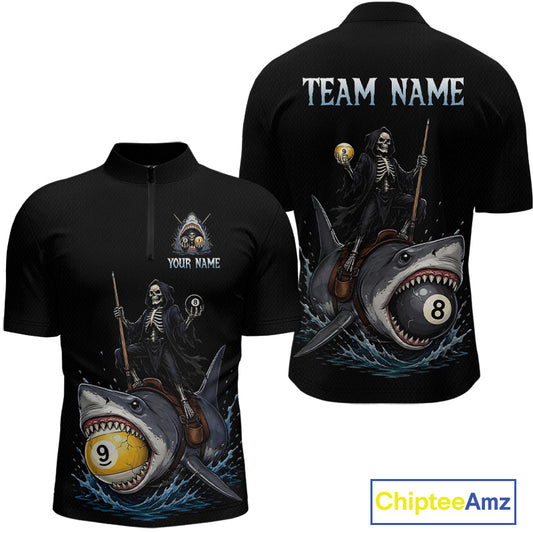 Black polo shirt with skeleton design and shark graphics on a white background