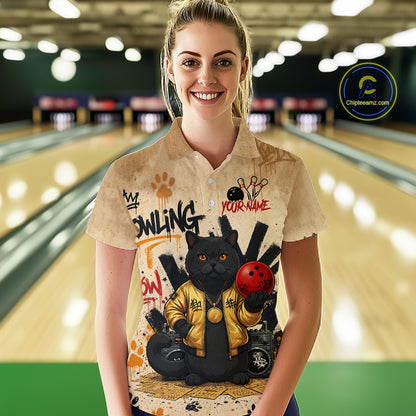 Custom Black Cat Bowling Jersey for Women Funny Cat Bowling League Bowling Team Shirts HN290