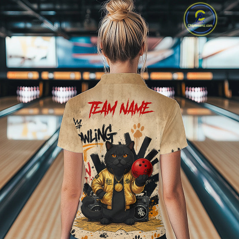 Custom Black Cat Bowling Jersey for Women Funny Cat Bowling League Bowling Team Shirts HN290